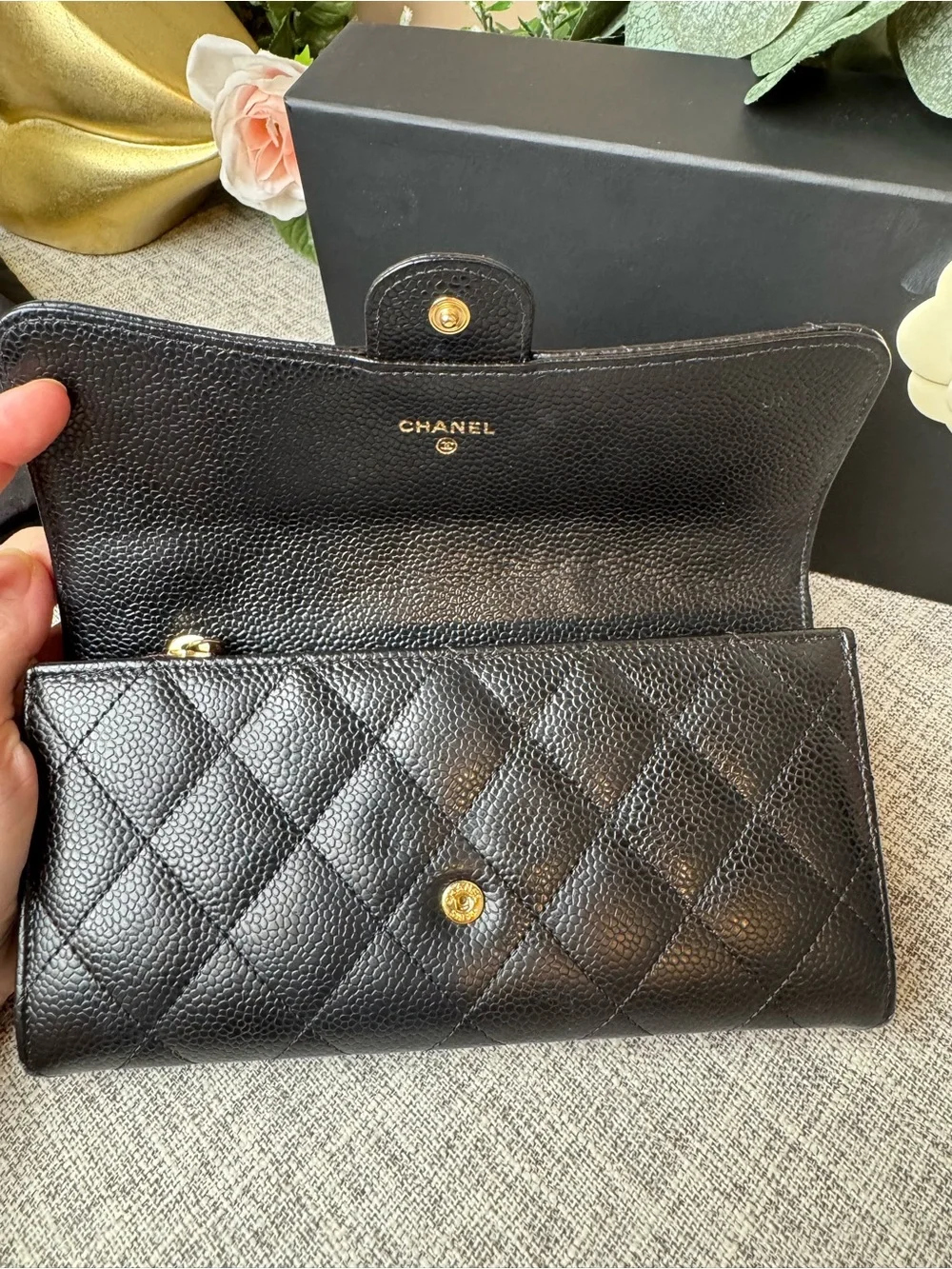 NCHANEL Black Quilted Caviar Leather Caviar Long Flap Wallet Black with Gold CC